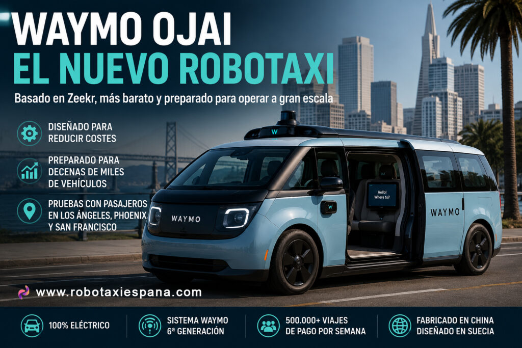 Robotaxi Waymo Ojai basado en la plataforma Zeekr durante las pruebas con pasajeros en Estados Unidos en 2026