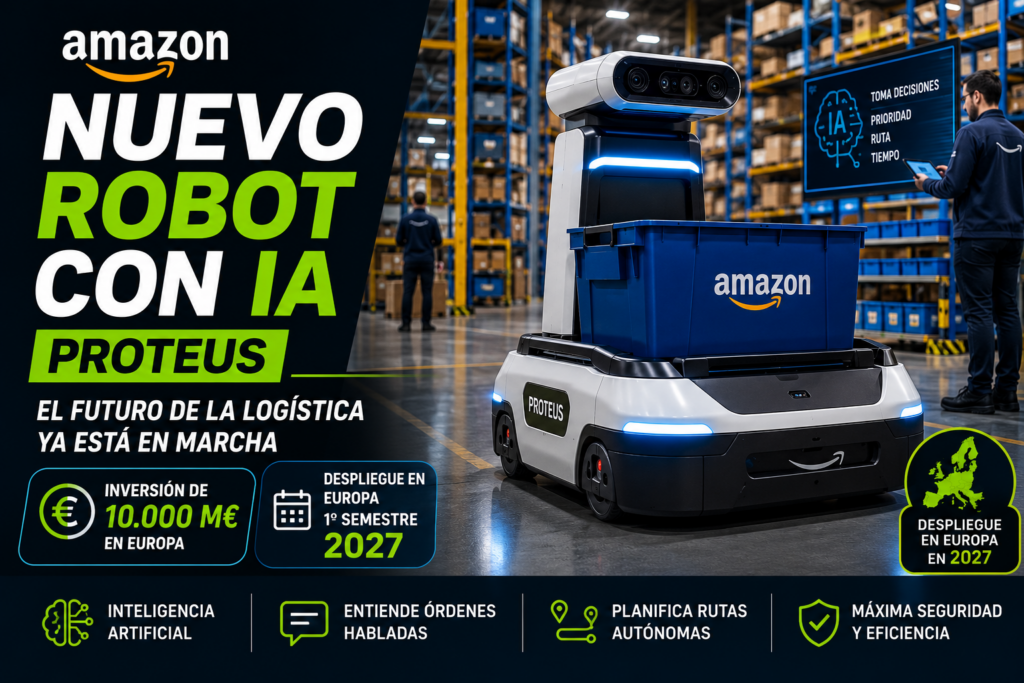 Robot autónomo Proteus de Amazon desplazándose por un centro logístico moderno mientras interactúa con operarios. Imagen conceptual sobre la inversión de Amazon en inteligencia artificial, automatización de almacenes y despliegue de robots avanzados en Europa durante 2027.